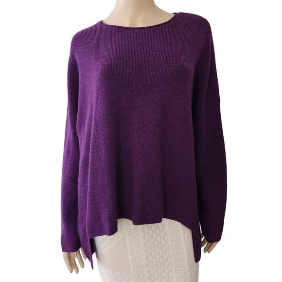 EILEEN FISHER Crew Neck Merino Wool High Low Boxy Sweater Purple Size S